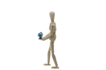 A Wooden Manikin Holding A World Globe