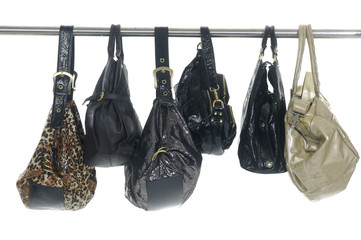 fashion handbag on hangers in a row