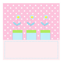 Three pretty flowers in pots on pink background