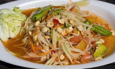 Thai papaya salad also known as Som Tam from Thailand.