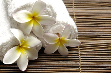 Roller towel with frangipani flower on bamboo stick straw mat