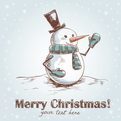 Hand drawnchristmas card with smiling snowman - 37405141