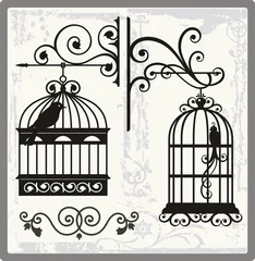 Peel and stick wall murals Birds in cages Vintage Bird Cages with Ornamental Decorations