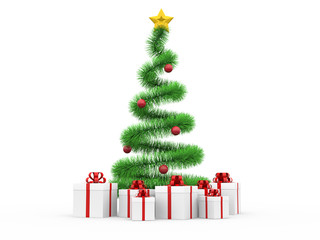 Fototapeta na wymiar Modern spiral Christmas tree with giftboxes