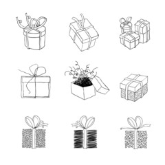 Gift box for xmas designs. Set of nine illustrations.Vector, EPS