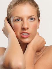 closeup beauty portrait young woman crooked expression