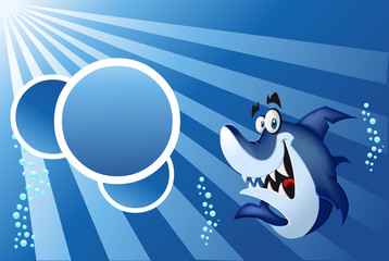 Template with funny cartoon blue shark swimming in blue ocean