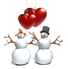 snowman and snow woman,cute snowy couple, with a heart