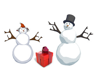 happy snowman and  snow woman with gift box