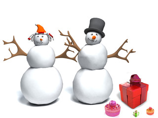 snowman and  snow woman with gift boxes