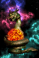 Une statue de dragon a roulé le soleil avec orion dans la zone spatiale