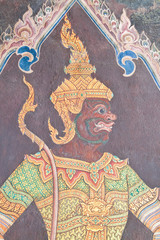 Traditional Thai style painting art on temple wall at Watphrakae