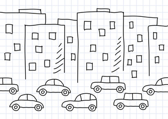 Drawing of buildings and cars