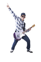 Cool asian guy plays with his guitar
