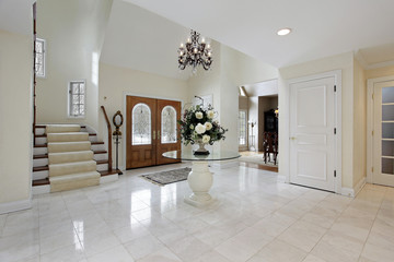 Foyer with stained glass door windows