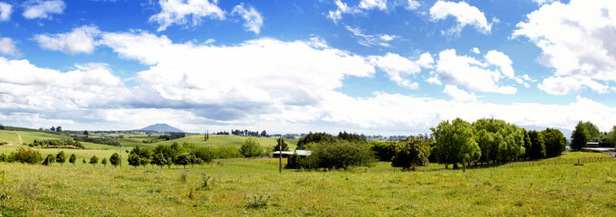 Green farmland and blue sky