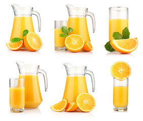 Set of jugs and glasses of orange juice with fruits isolated