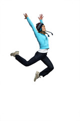 Fototapeta na wymiar Junge Frau springt vor Freude
