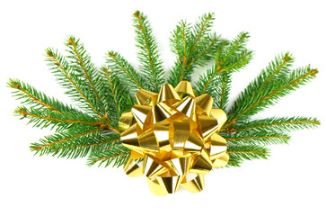 christmas tree branch with golden ribbon