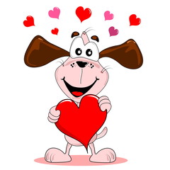 Cartoon dog holding a large red love heart