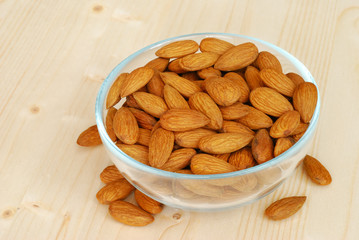 Almonds on a wooden table