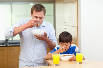 Fototapeta premium Father and son having cereals