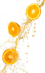 Fresh oranges with juice splash, isolated on white background