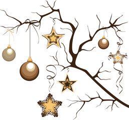 Christmas composition. Branch, balloons, stars.