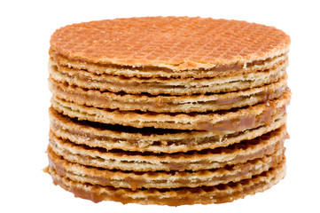 waffles with caramel on white background