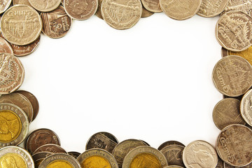 Coins border isolated on white background.
