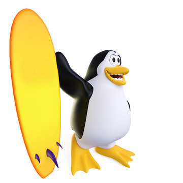 surfer penguin holding a board side view