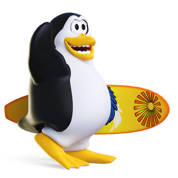 surfer penguin waving hello