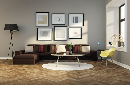 Minimal design fresh interior carpet brown sofa rendering