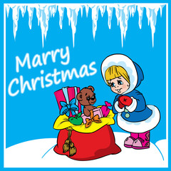 Naklejka premium Christmas&nbsp;greeting card&nbsp;with gifts&nbsp;and girl
