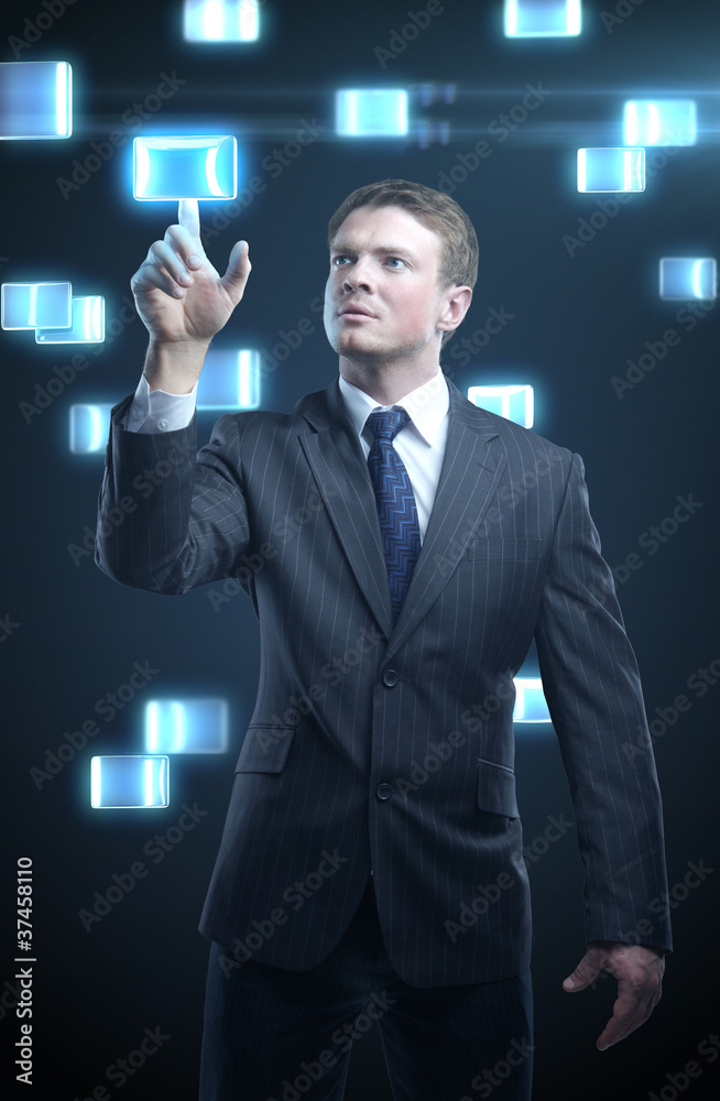 Poster Hand pushing a button on a touch screen interface
