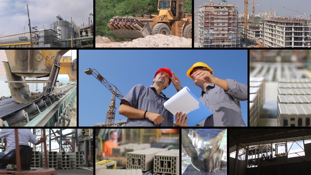 Construction workers, teamwork, split screen