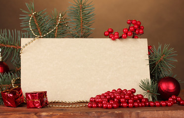 blank postcard, Christmas balls and fir-tree