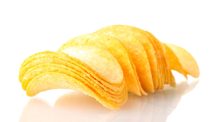 Delicious potato chips isolated on white