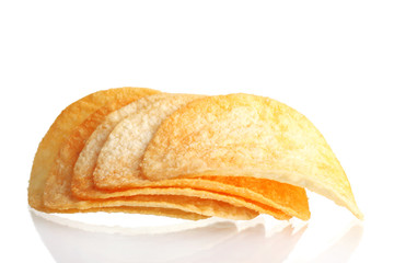 Delicious potato chips isolated on white
