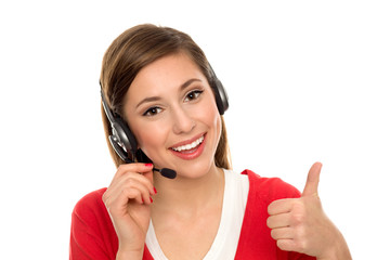 Happy woman with telephone headset