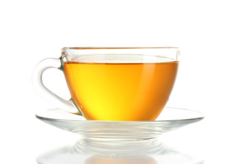 Beautiful transparent cup of tea isolated on white