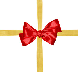 Fototapeta premium golden ribbon and red bow isolated on white background