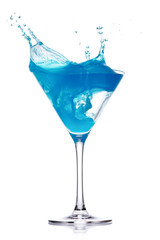 Blue curacao cocktail with splash isolated on white