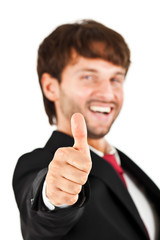 Smiling businessman thumbs up isolated