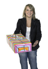 blond girl delivering a present