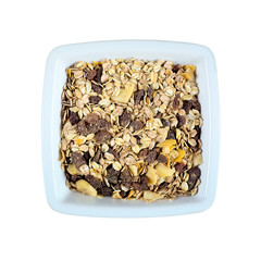 Dish with muesli isolated on white