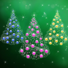 Three Christmas trees with garlands and New Year's balls