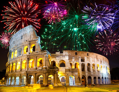 Fototapeta Celebratory fireworks over Collosseo. Italy. Rome.
