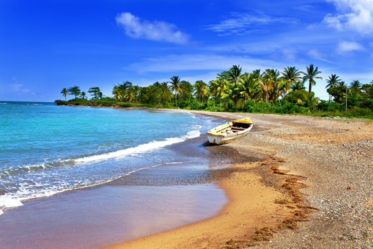 Jamaica. A national boat on sandy coast of a bay