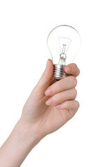 Arm holding light bulb isolated on white